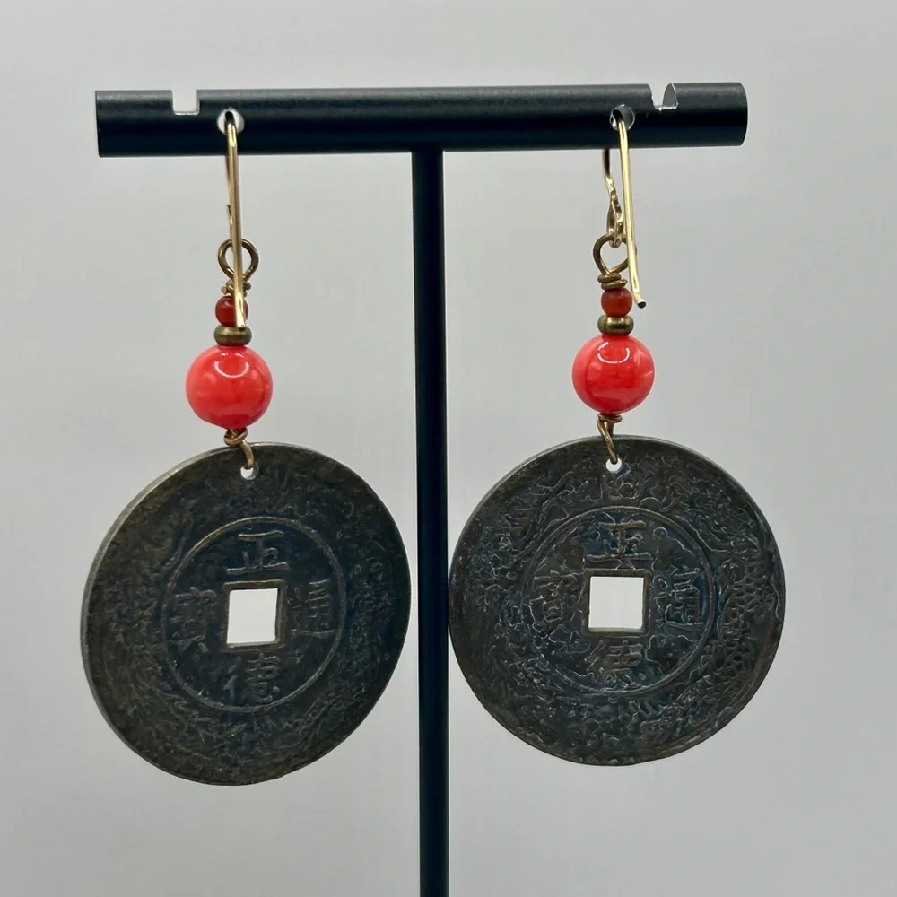 Vintage Asian Charm Coin Dangle Earrings